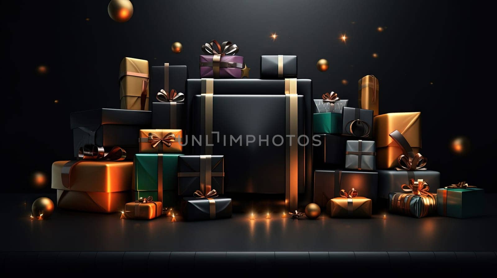 Compostion of gift boxes with ribbons for holiday sale event. Generated AI