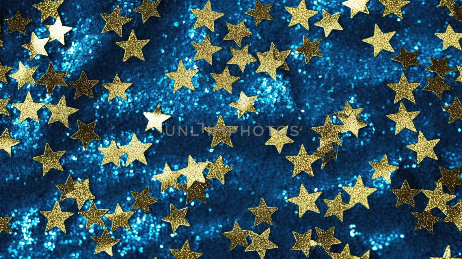 Abstract shiny background with blue and golden glitter. Scattered confetti sparkles with shiny gold and blue color. Generated AI