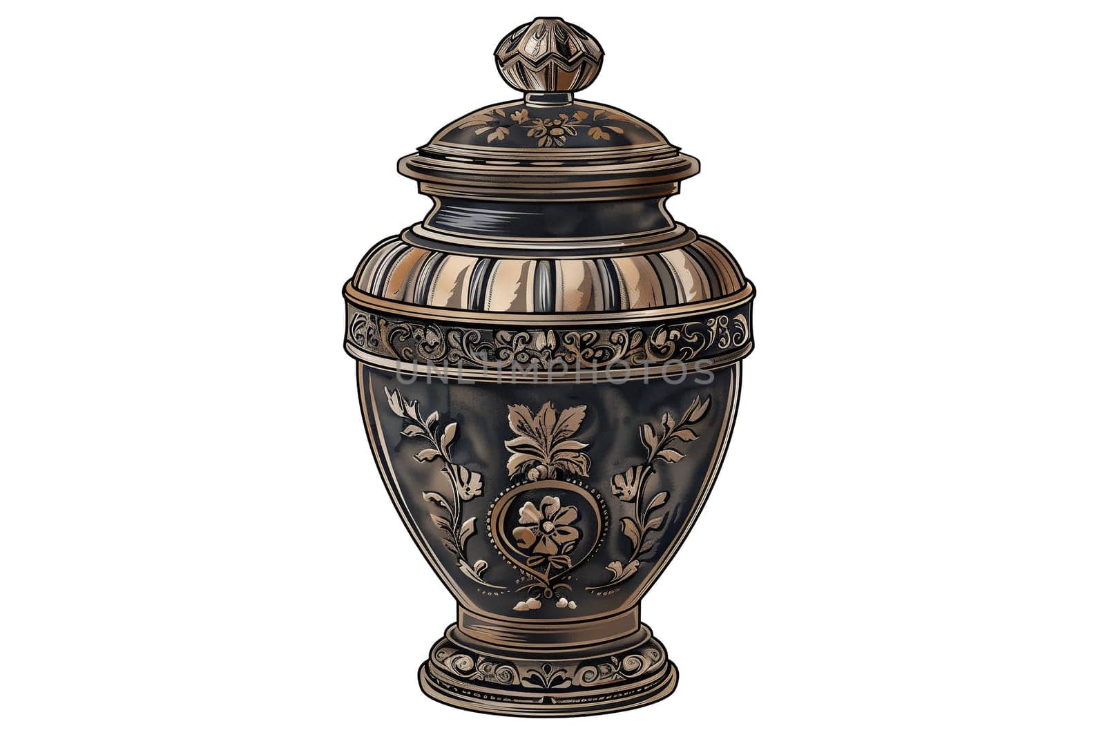 A vase with a floral design sits. The urn with ashes cut out