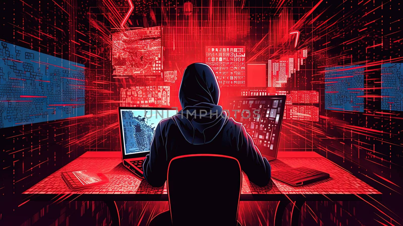 Man sitting with laptop in the secret laboratory. Hacker sending the virus. Generated AI