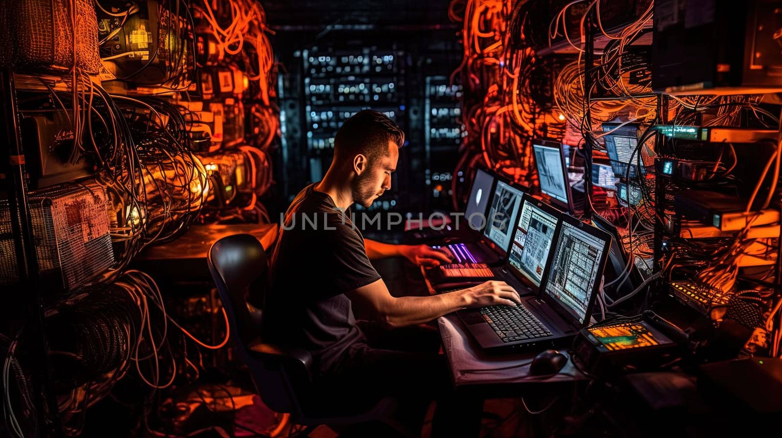 Man sitting with laptop in the secret laboratory. Hacker sending the virus. Generated AI