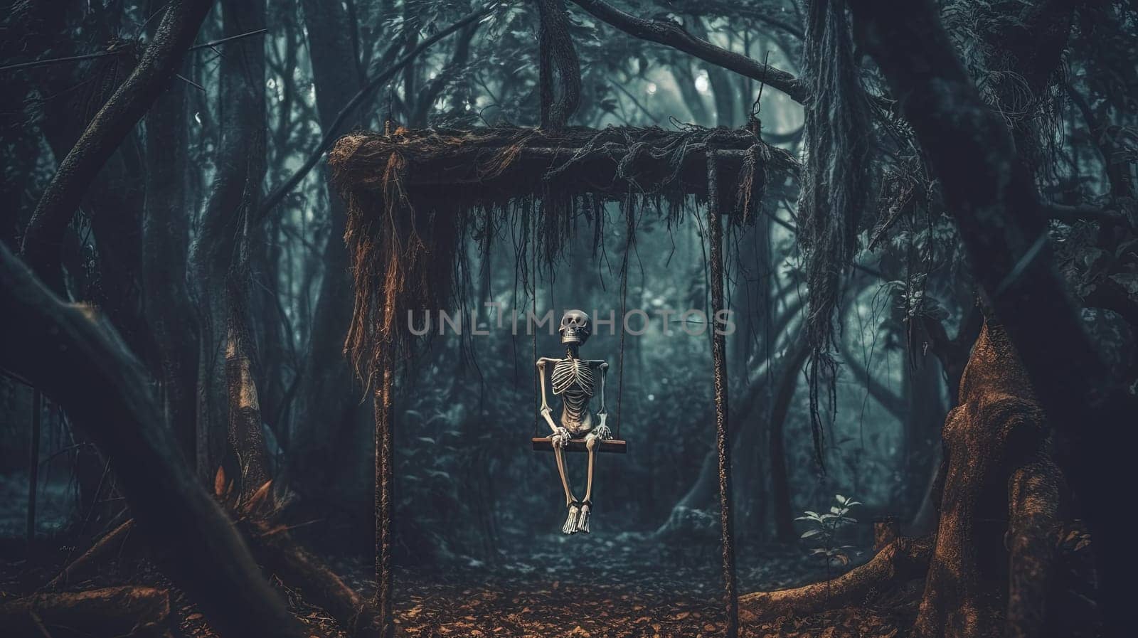 Halloween card with skeleton on a swing. Relaxing skeleton for party invitation on autumn holidays. Generated AI