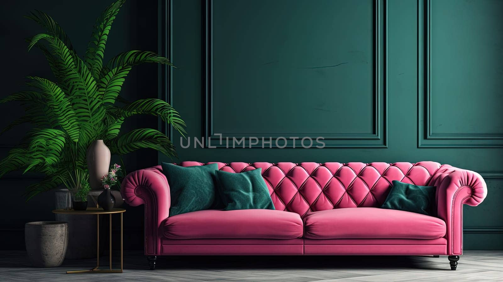 Interior with sofa in green and pink colors. Stylish contrasting colorful room with couch. Generated AI