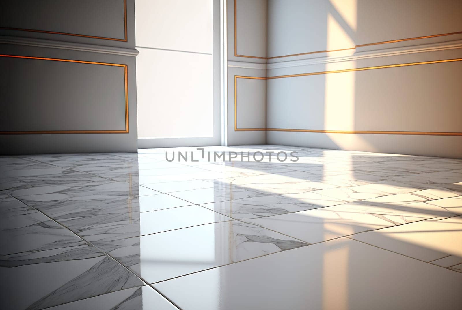 Abstract marble room with shiny lights. Interior view with marble background and scenic lightning. Generated AI