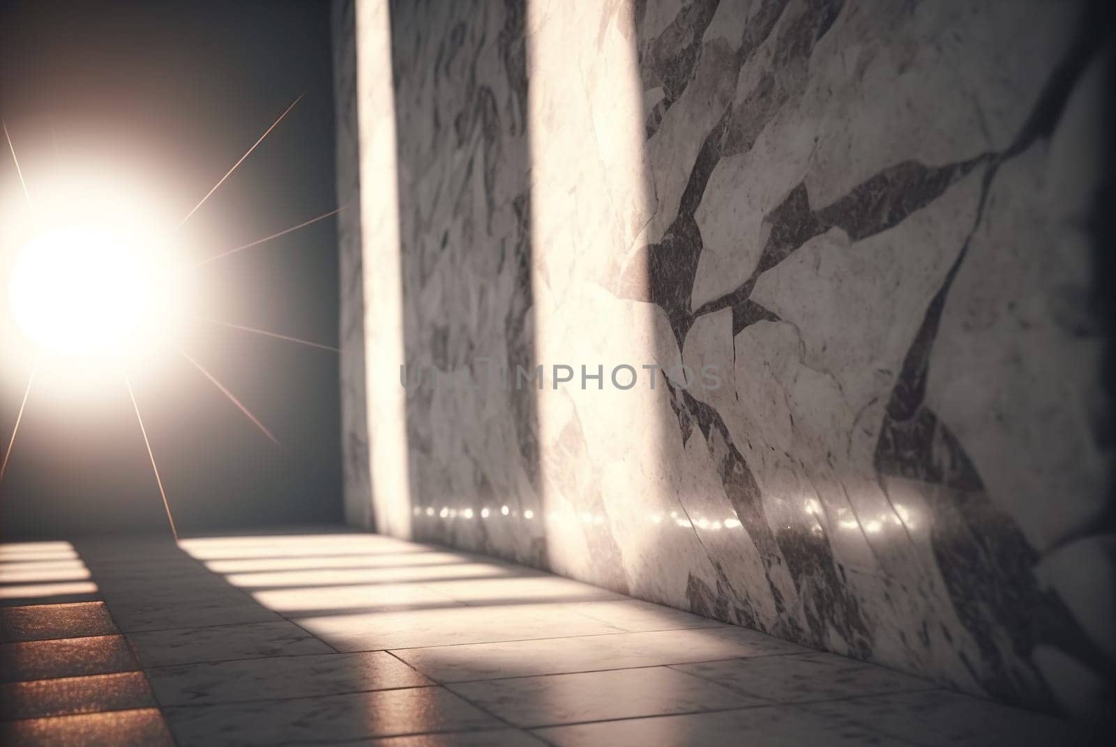 Abstract marble room with shiny lights. Interior view with marble background and scenic lightning. Generated AI