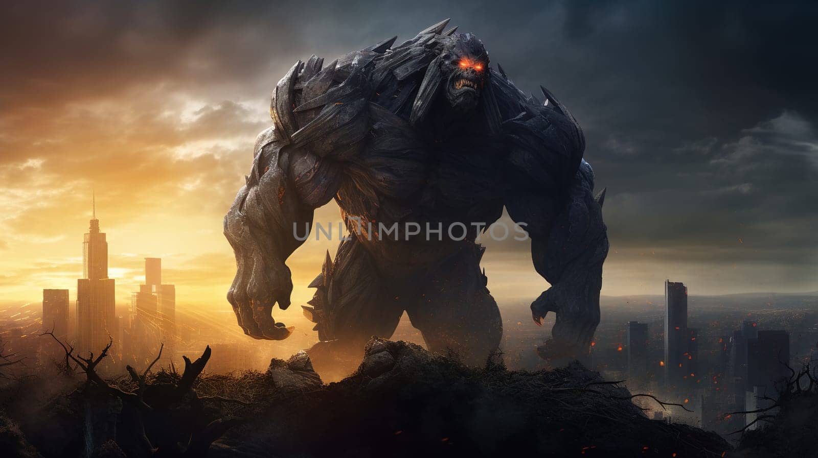 Giant monster over the destroyed city. Mythical giant attack. Generated AI