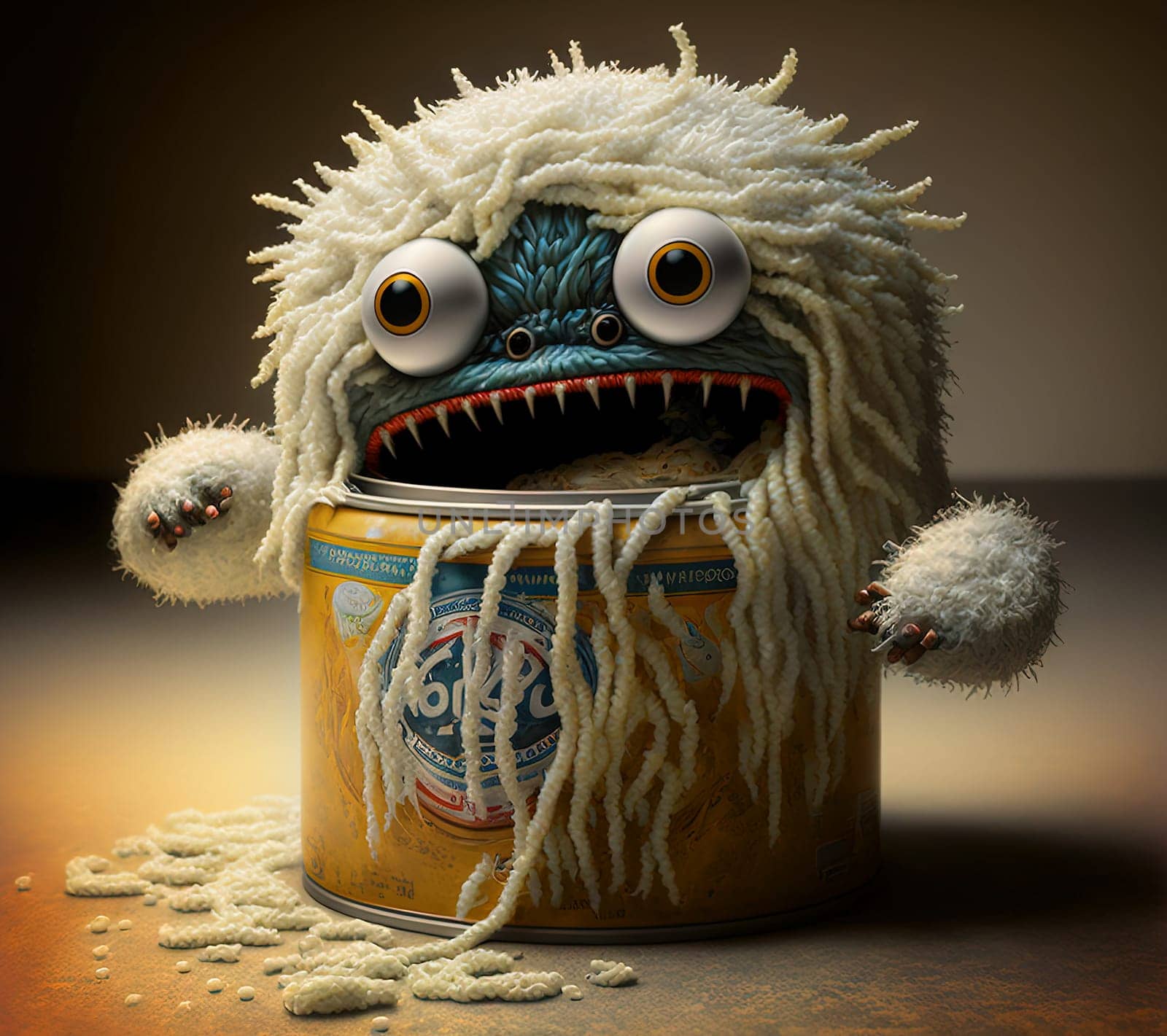 Funny monster spaghetti. Cute pasta, noodle or ramen character with crazy funny face. Generated AI