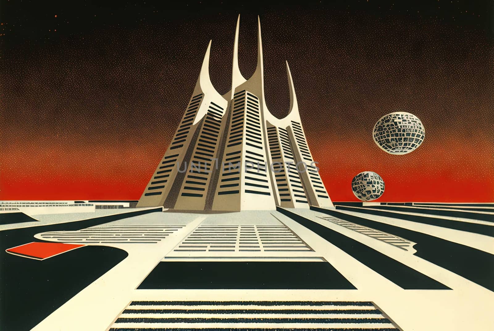 Retrofuturistic landscape in 80s sci-fi style. Retro science fiction scene with futuristic buildings. Generated AI