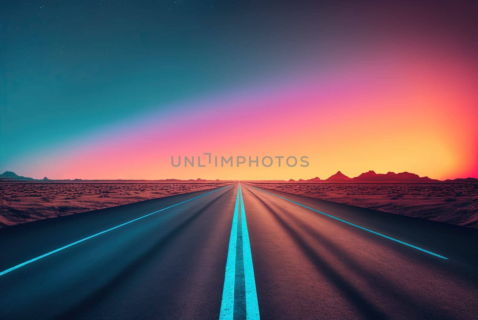 Road to the horizon concept with synthwave colors. Abstract background with surreal night way in 80s style. Generated AI