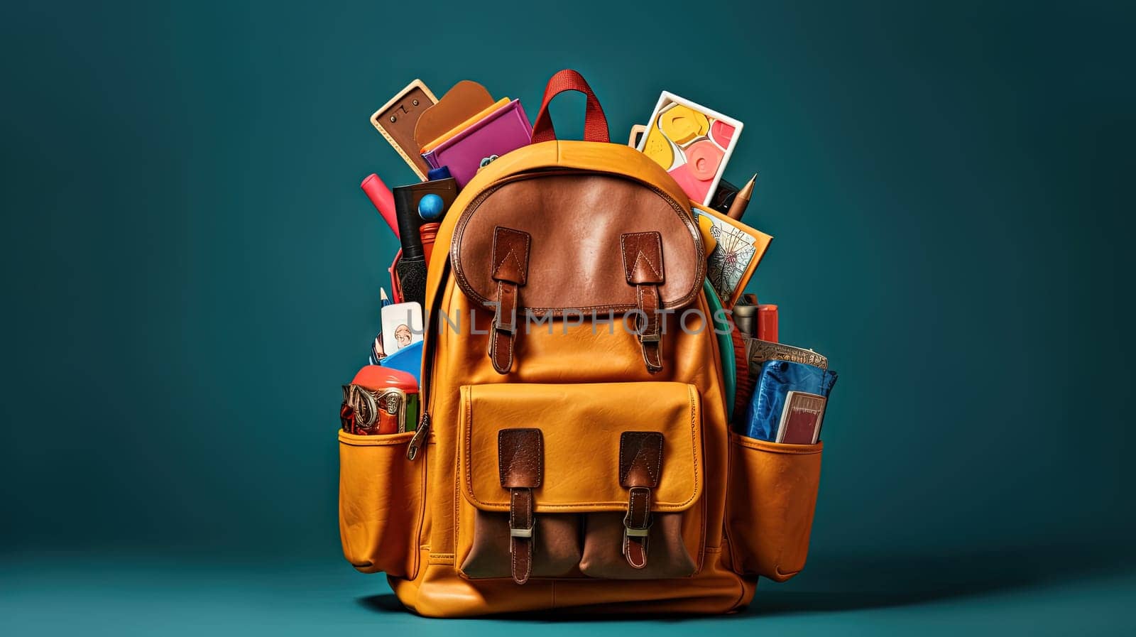 School backpack with colorful learning supplies. Back to school concept. Generated AI