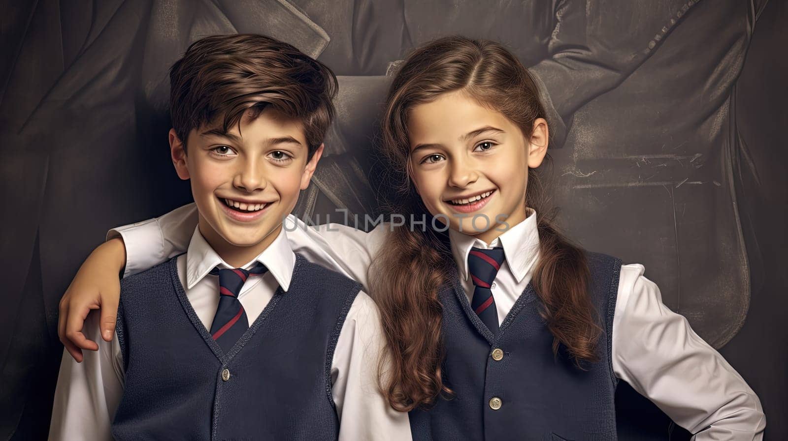 School pupil, boy and girl standing in front of black board. School children couple. Generated AI