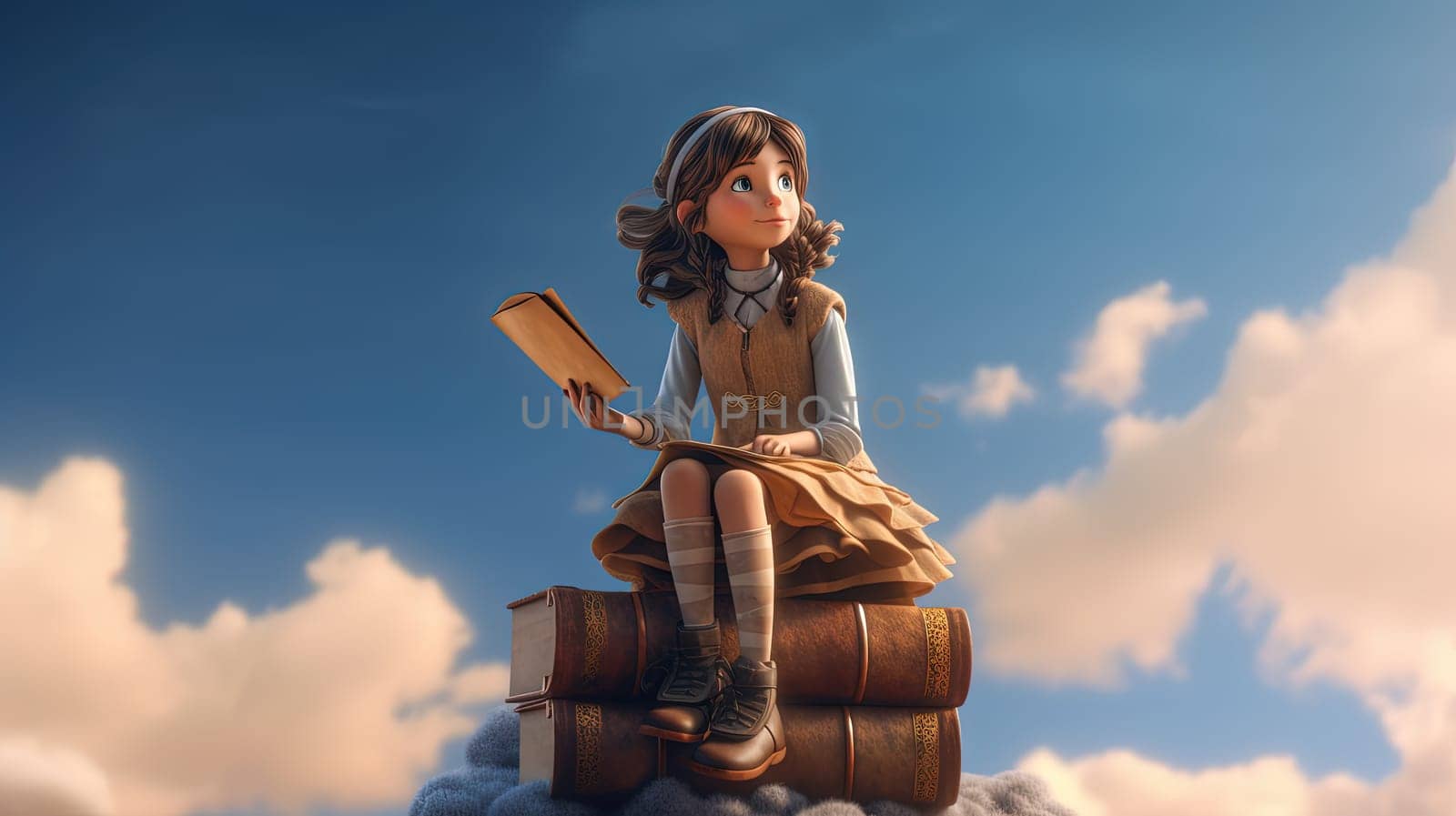 Schoolgirl reads the book in the sky, flying in her dreams and fantasies. Learning concept with little girl in the world of education. Generated AI