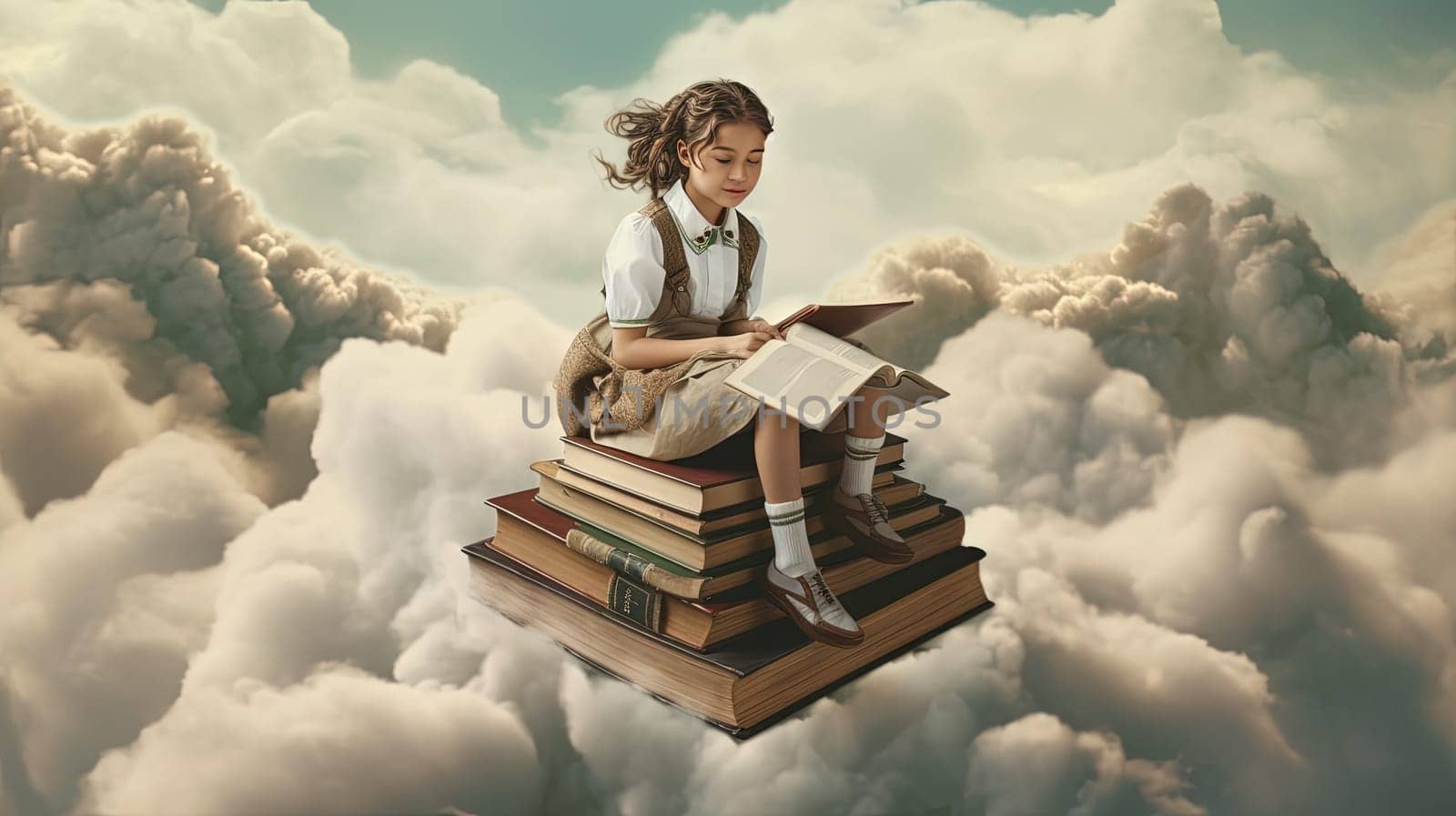 Schoolgirl reads the book in the sky, flying in her dreams and fantasies. Learning concept with little girl in the world of education. Generated AI