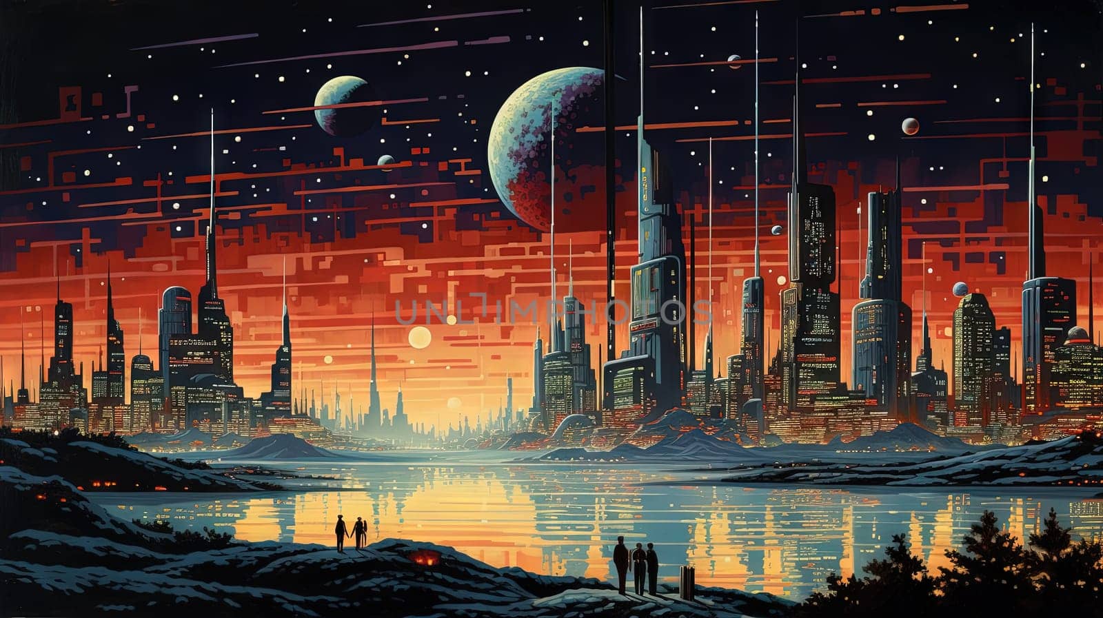Retro futuristic city in the old school sci-fi art scene. Retro space landscape with city. Generated AI