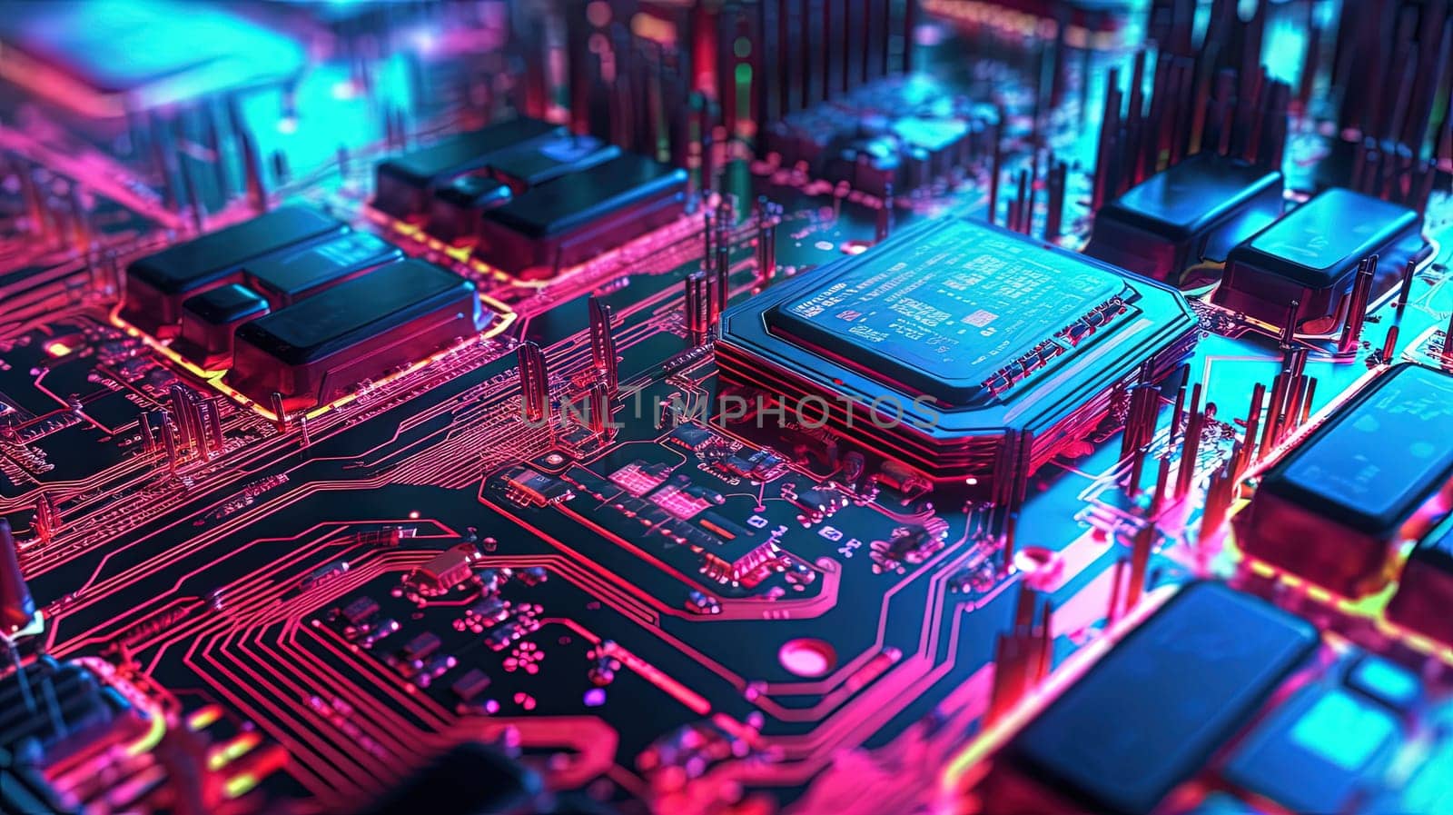 Motherboard with chips and connections in purple and blue neon lights. Technology background with microchips on hardware circuitboard. Generated AI