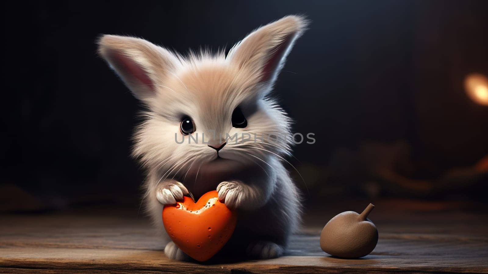 Cute fluffy rabbit hugging red heart. Valentine's Day greetings from romantic bunny holding heart. Generative AI