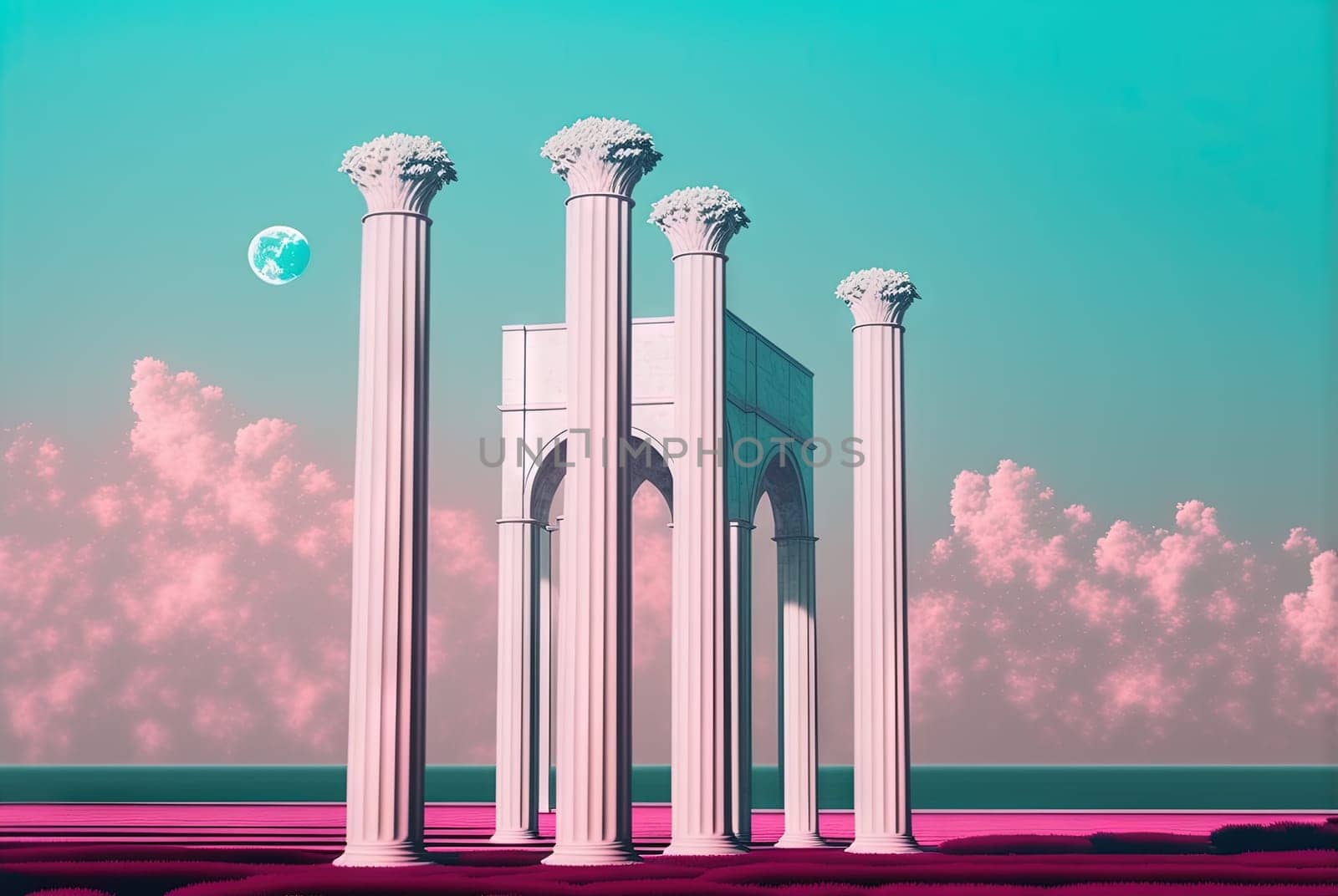 Vaporwave landscape with abstract building with pillars. 80s styled pink and blue minimalistic architectural scene. Generated AI