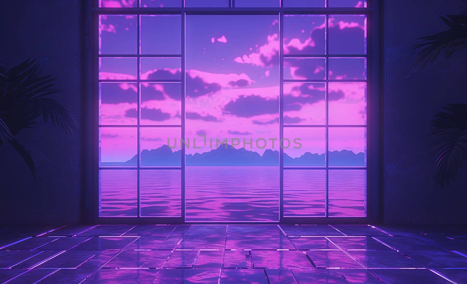Open window with tropical landscape and ocean in vaporwave style. Purple sundown in 90s style room, vacation calmness frame. Generated AI