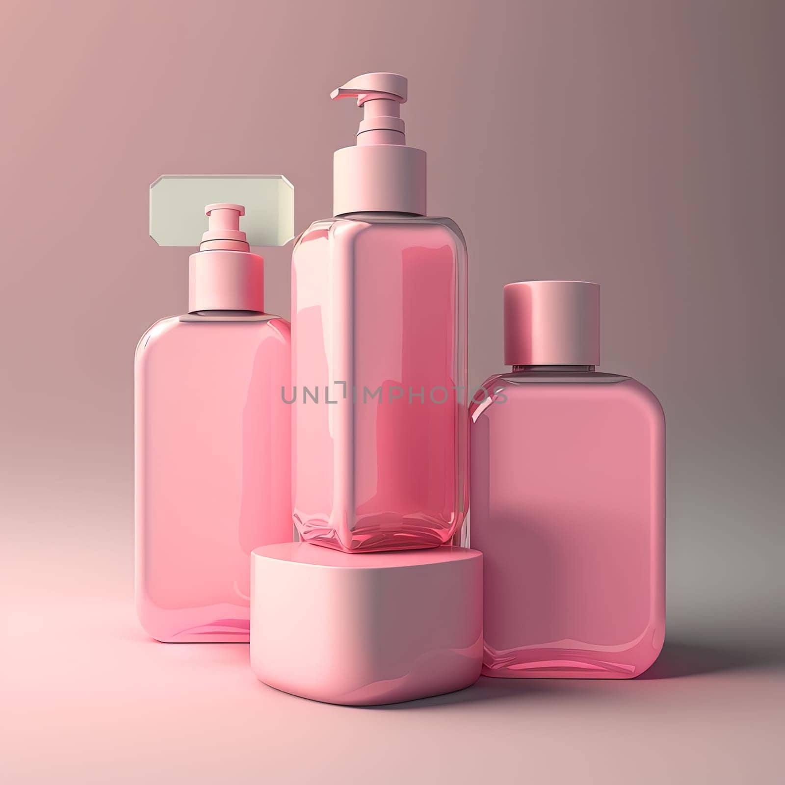 Cosmetics bottles mockup. Empty pink bottles on the pink background. Generative AI