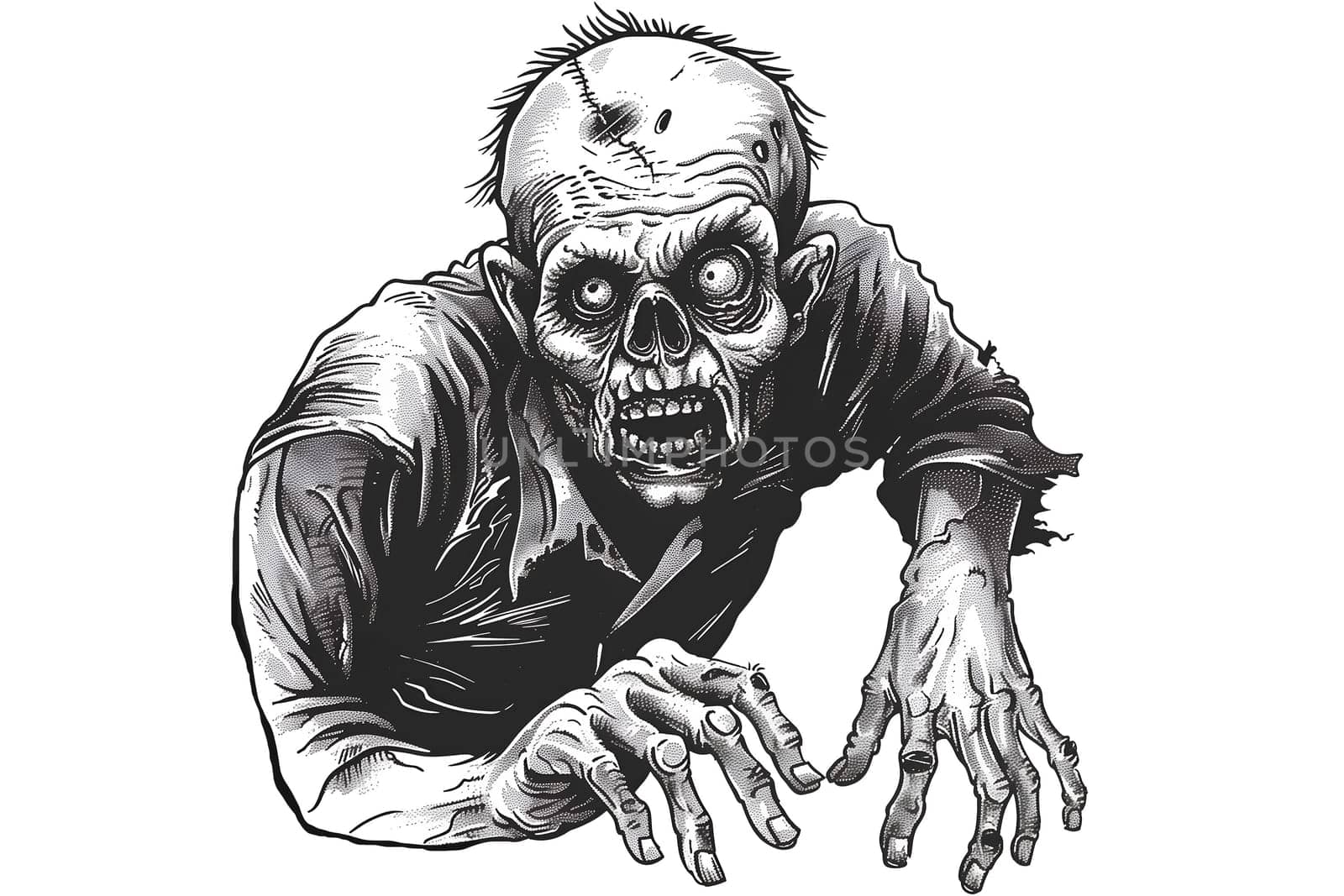 A zombie with a mouth open and teeth bared. The skull is drawn in black and white