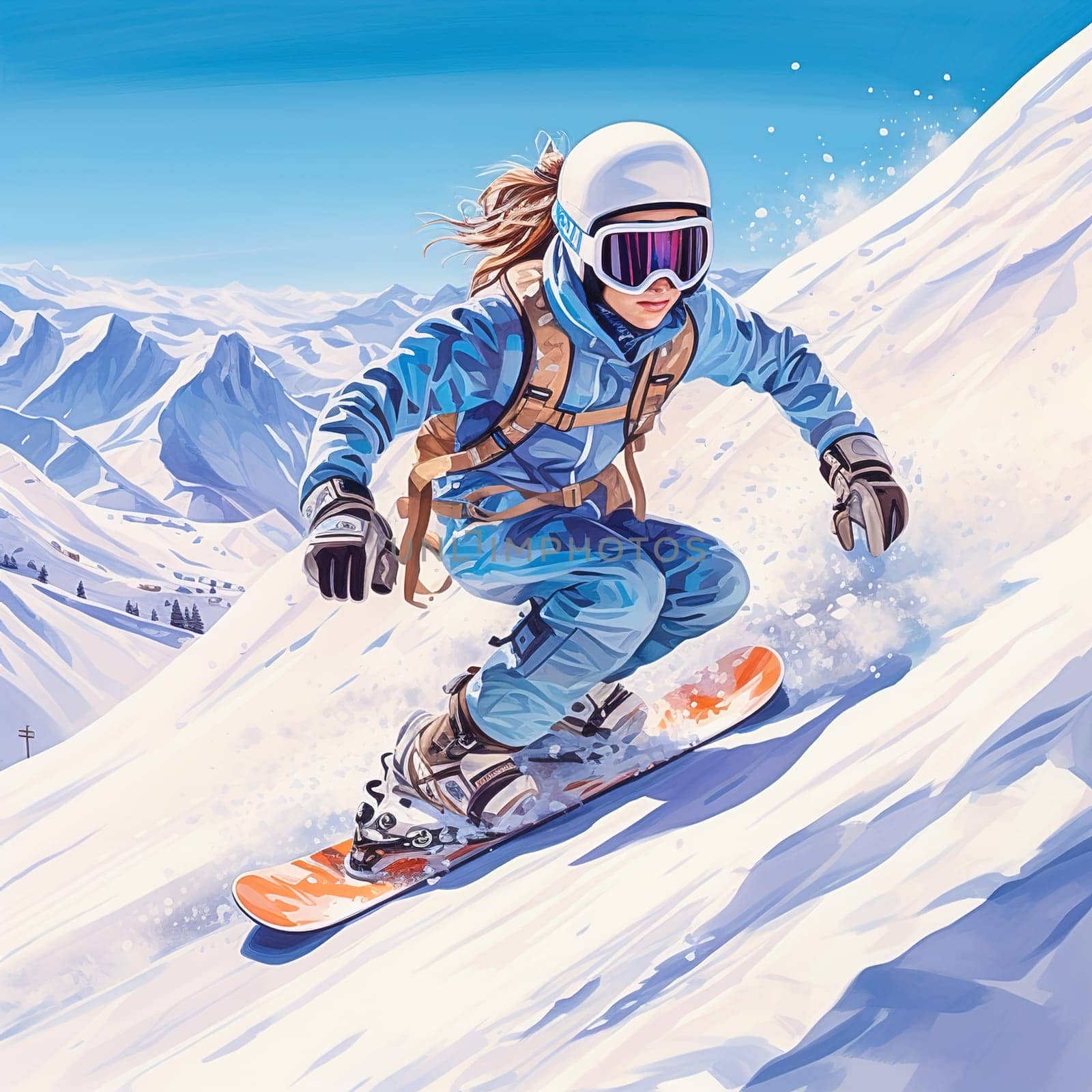 A girl in sports clothes snowboarding in winter in the mountains. High quality photo