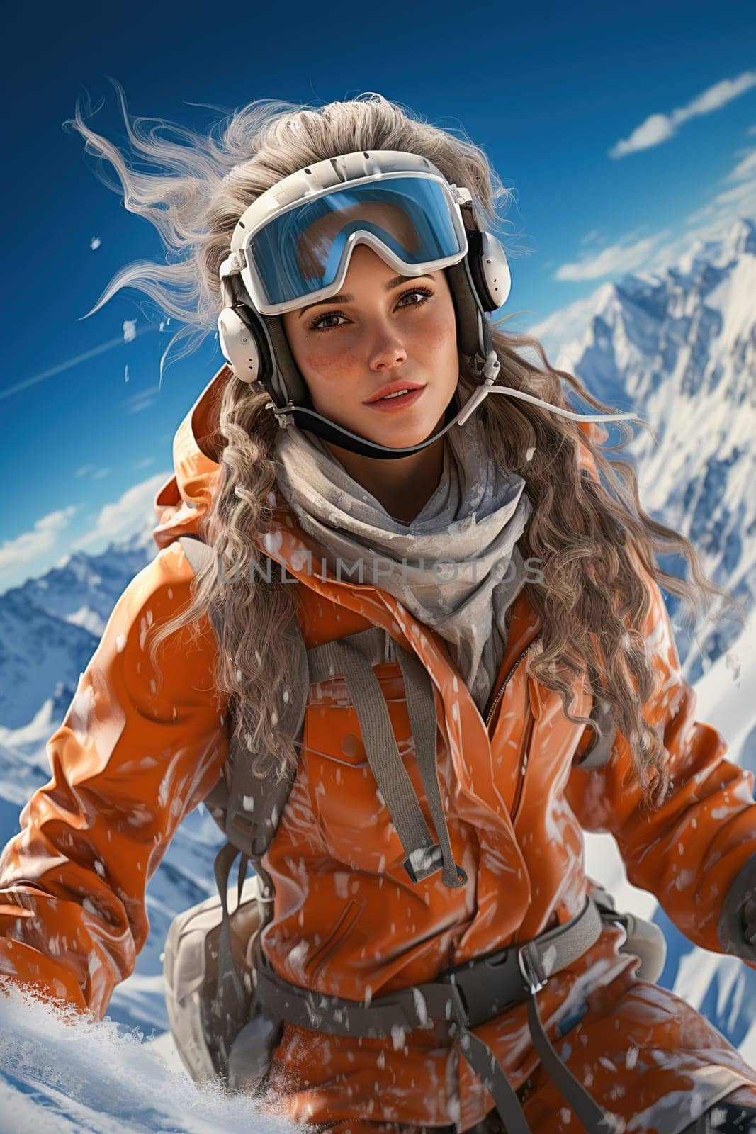 A girl in sports clothes snowboarding in winter in the mountains. High quality photo