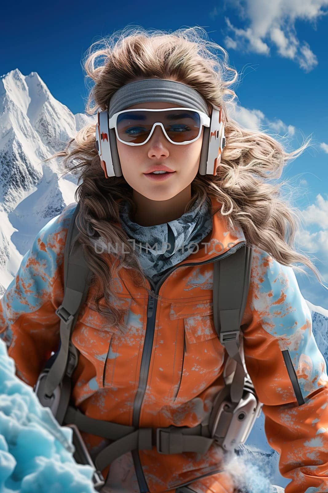 A girl in sports clothes snowboarding in winter in the mountains. High quality photo
