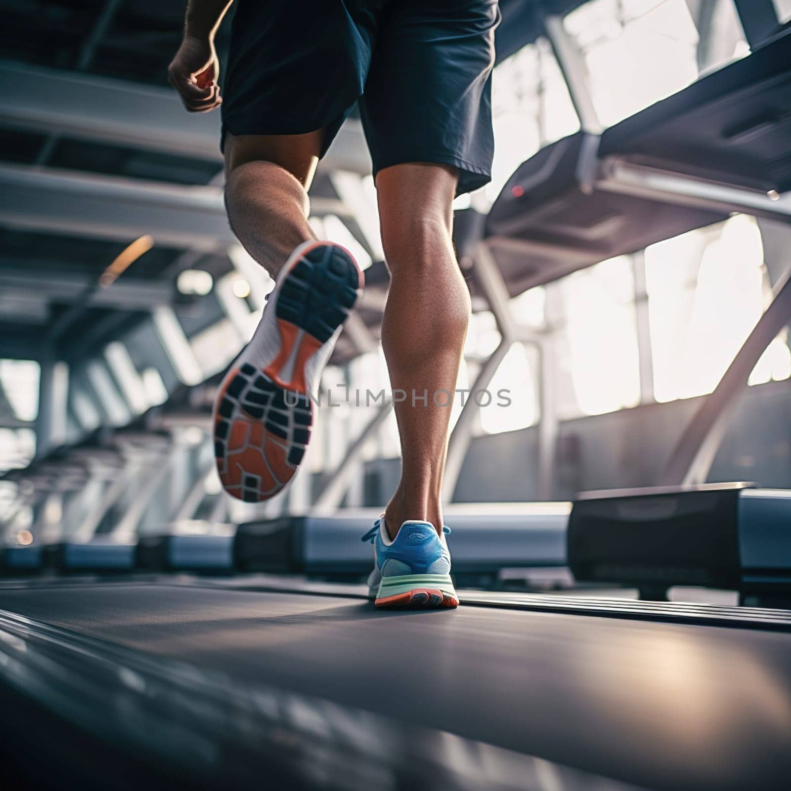 A man is running on a treadmill machine. High quality photo