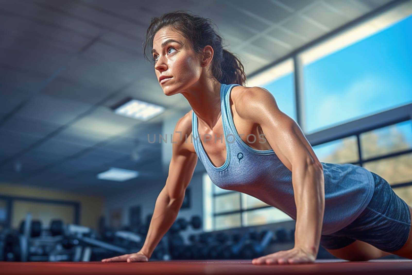 An athletic woman does push-ups at the gym. High quality photo