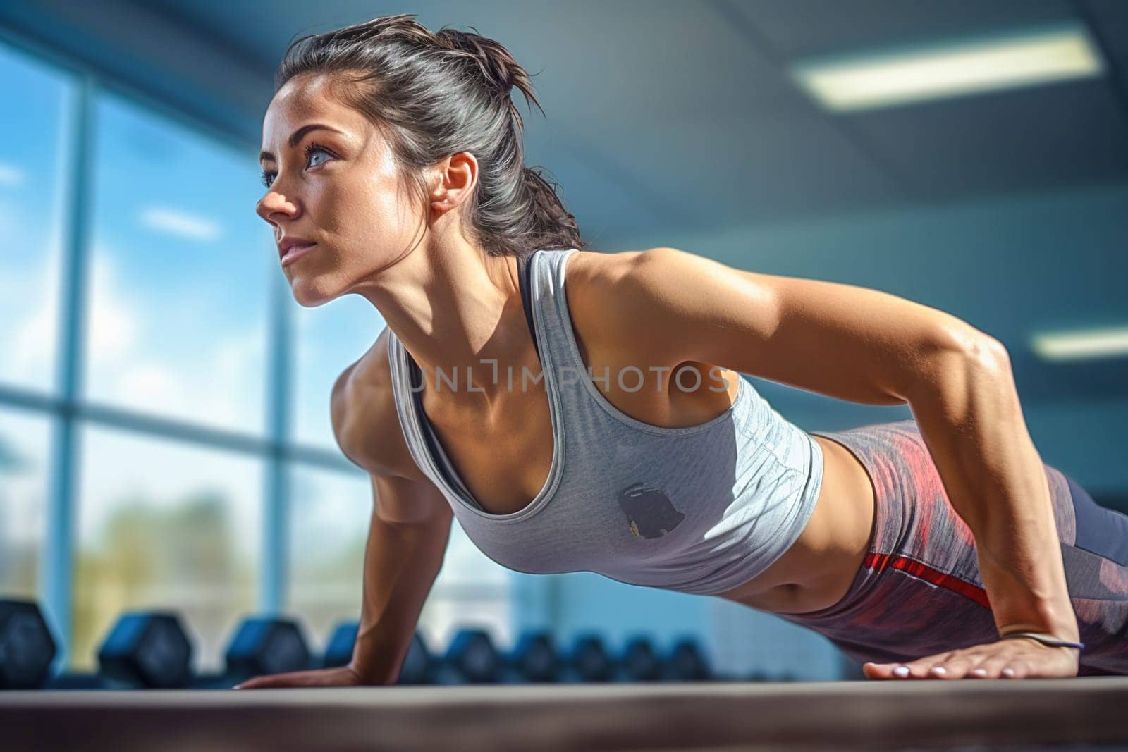 An athletic woman does push-ups at the gym. High quality photo