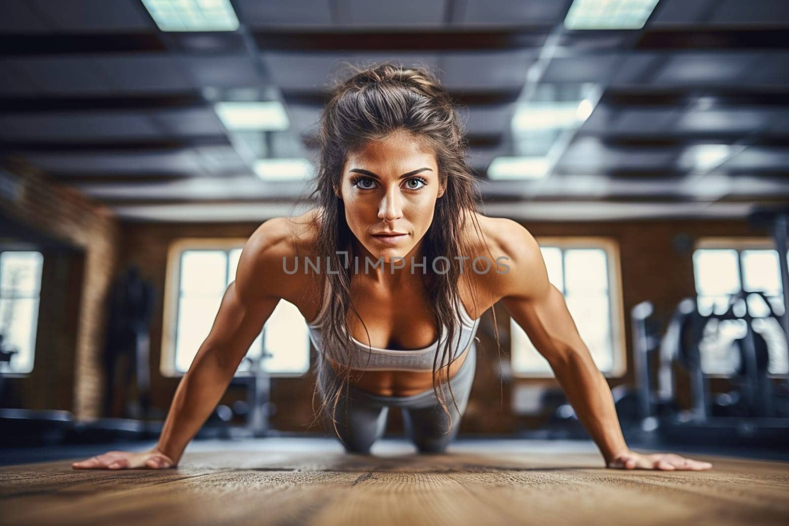 An athletic woman does push-ups at the gym. High quality photo