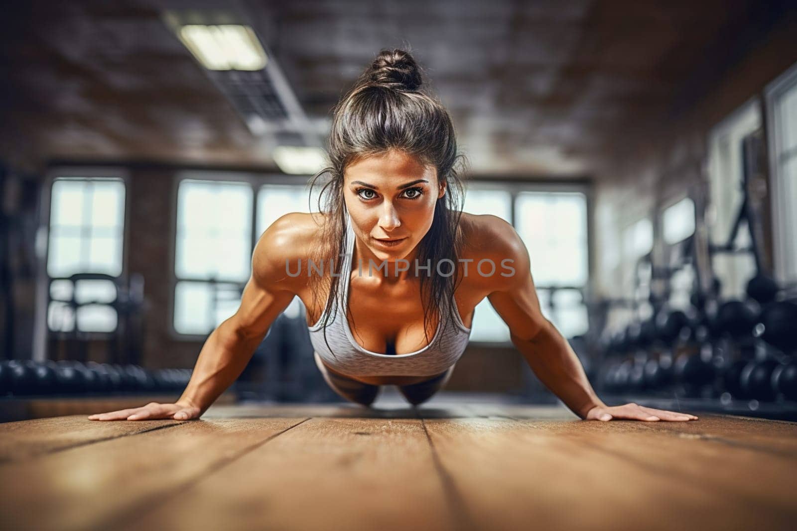 An athletic woman does push-ups at the gym. High quality photo