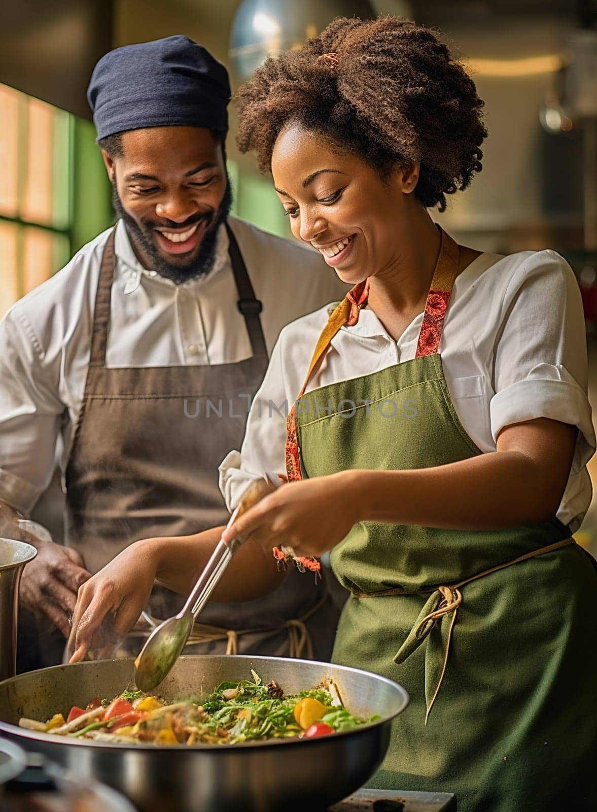 African-American man and woman preparing a salad in the kitchen. High quality photo