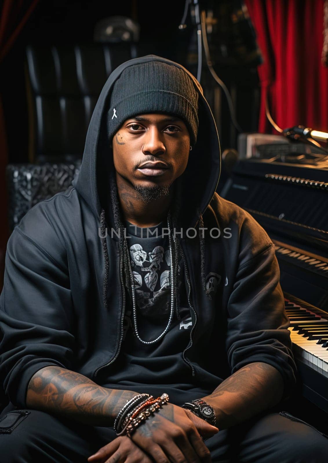 Portrait of an African-American rapper in a recording studio. High quality photo