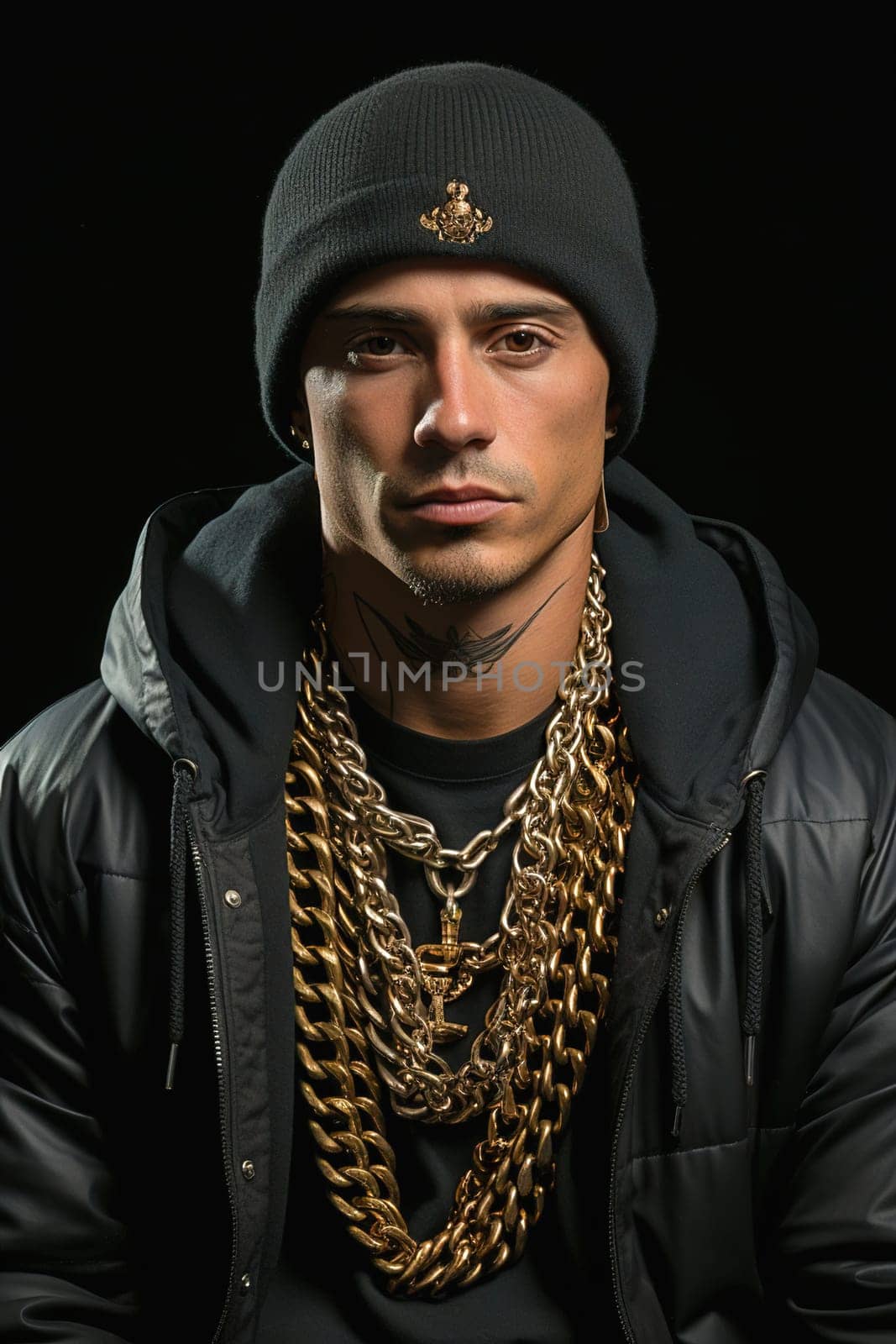 Portrait of a rapper with gold chains around his neck. High quality photo