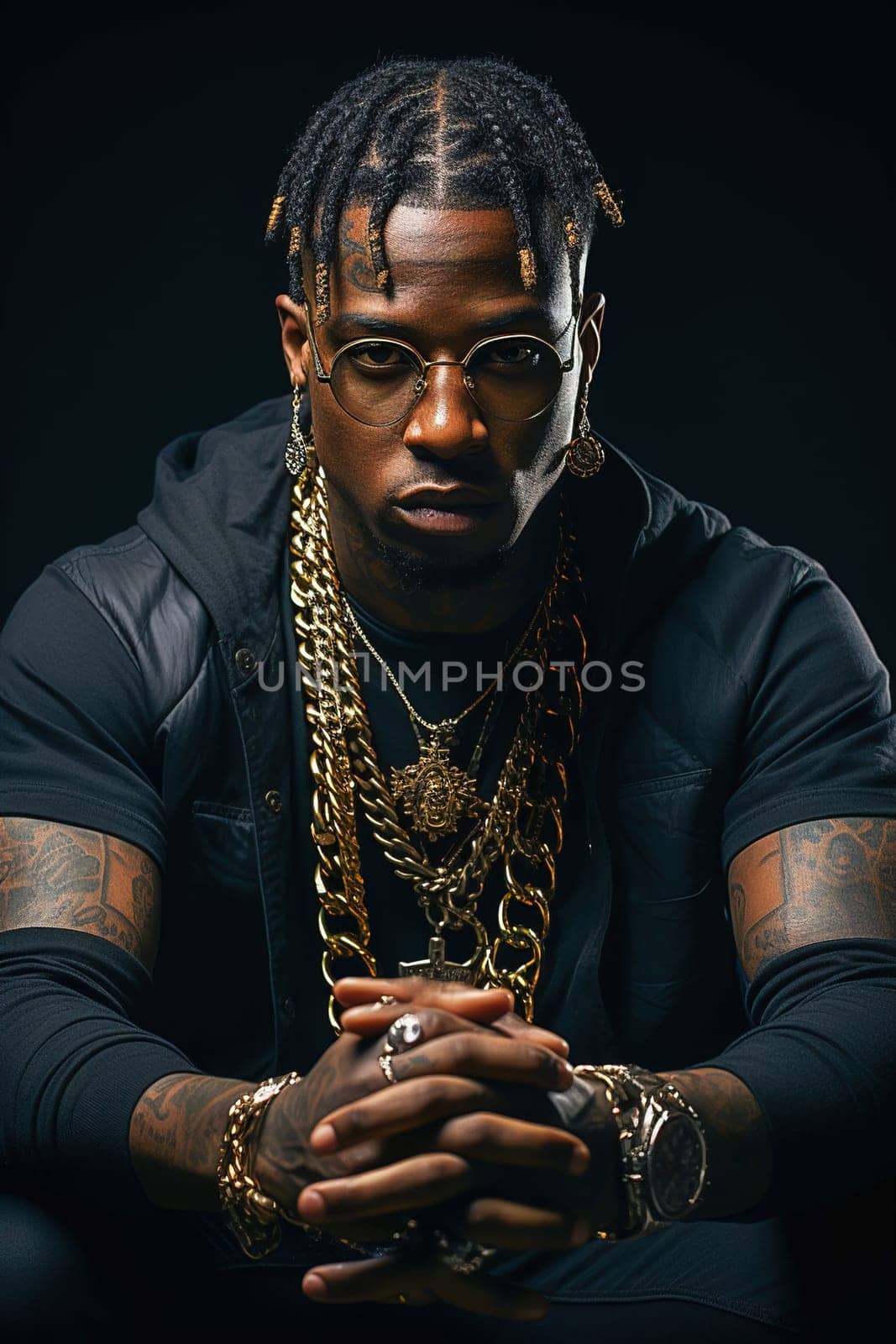 Portrait of an African American rapper with gold chains around his neck. High quality photo