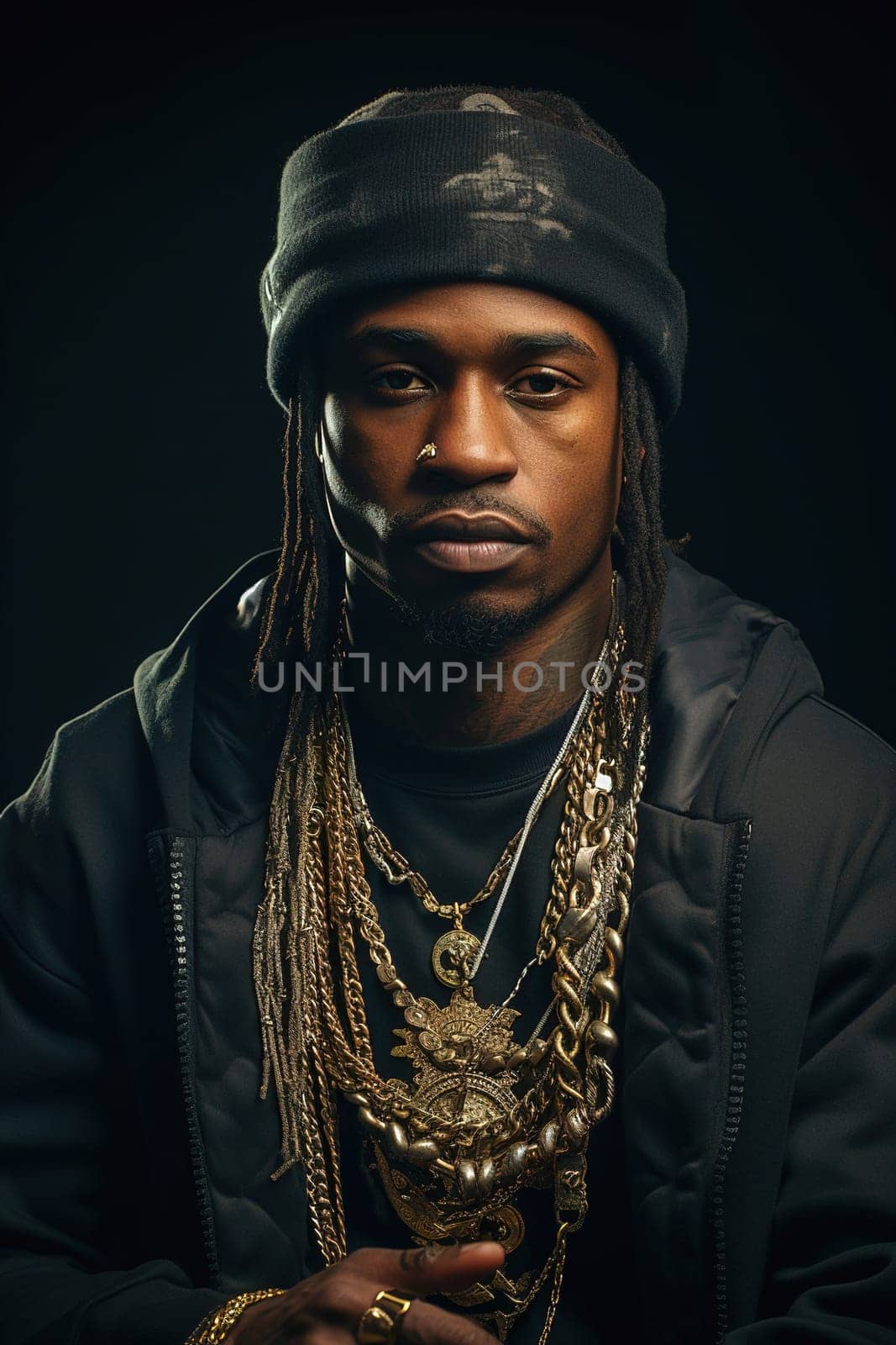 Portrait of an African American rapper with gold chains around his neck. High quality photo