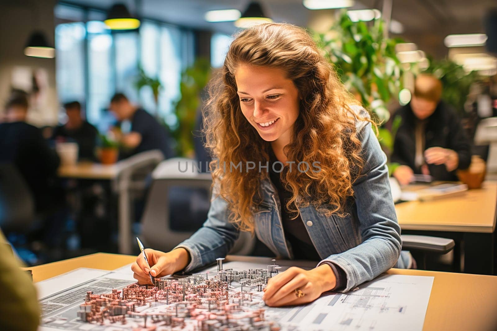 Portrait of a female architect working on a city layout. High quality photo