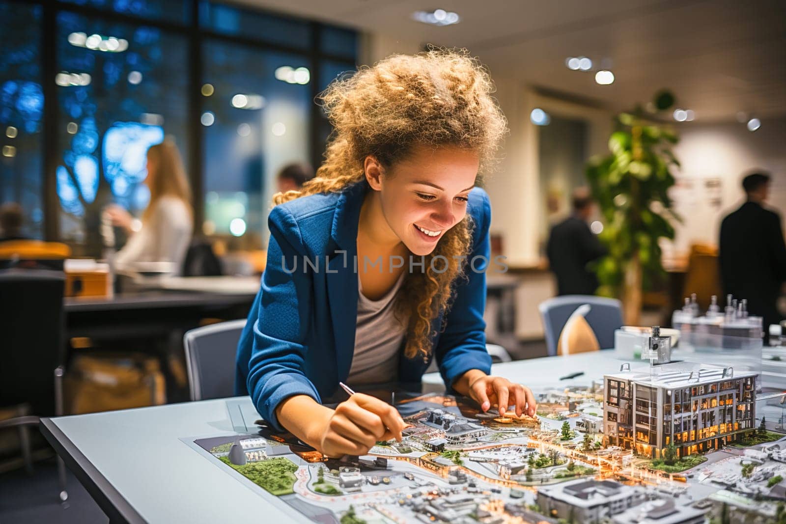 Portrait of a female architect working on a city layout. High quality photo