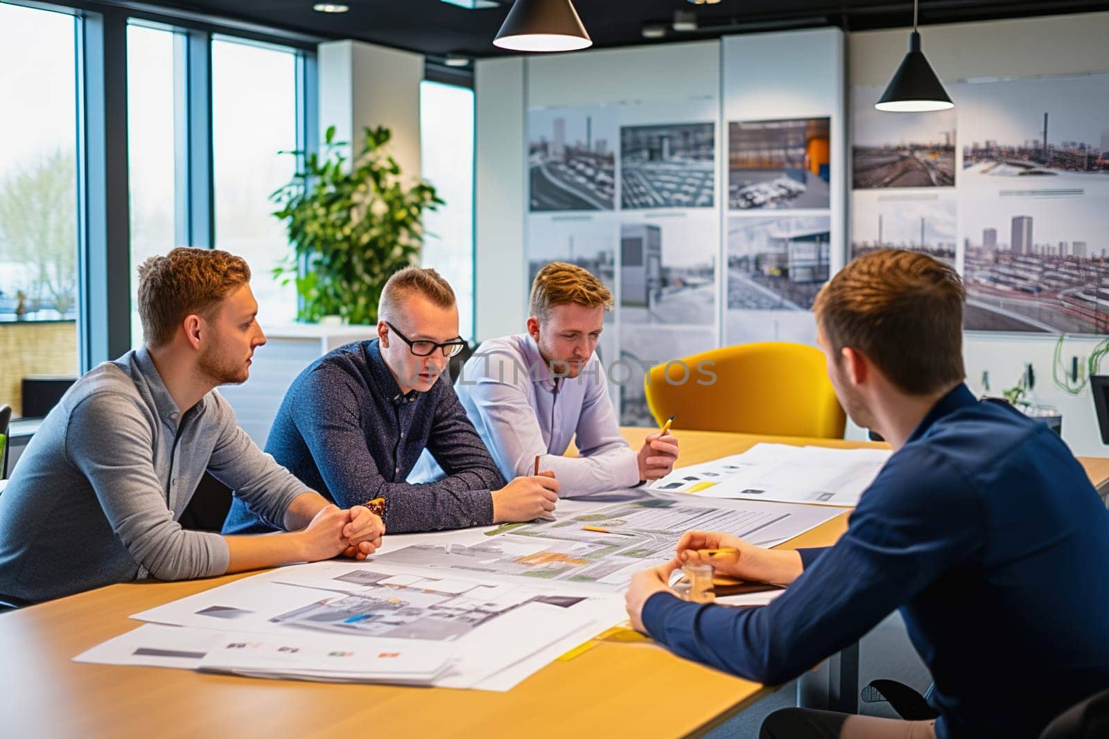 A group of architects discussing the layout of the city. High quality photo