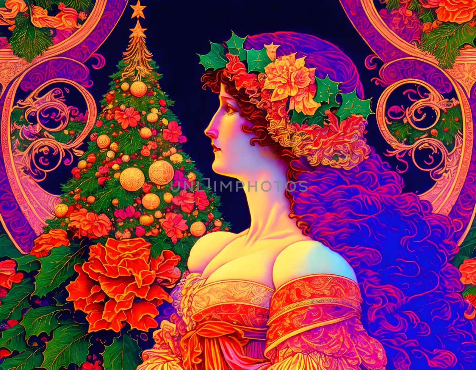 Vintage Christmas celebration with a beautiful woman and decoration - Generative AI