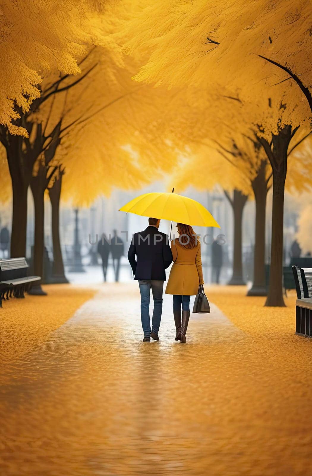 People without faces. Gold autumn. Two lovers, a man and a woman, are walking along an alley in the park under a yellow umbrella. View from the back. Romance. Relationship