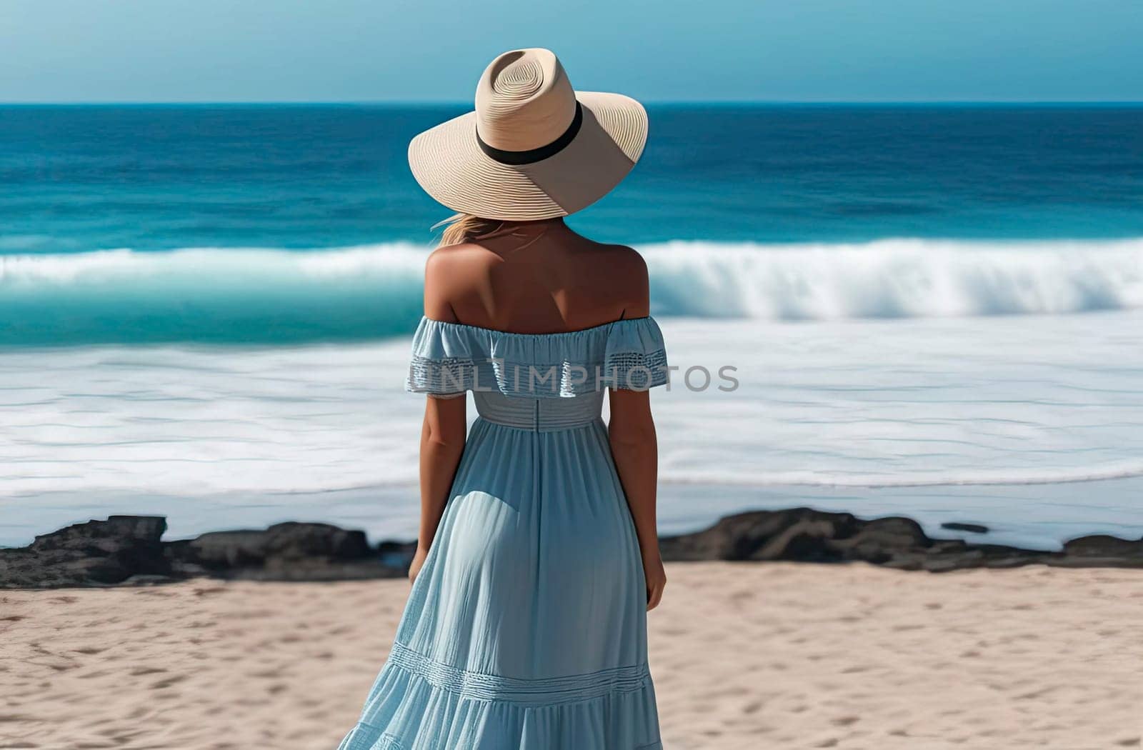 A girl in a sun hat and sundress stands on the shore of the sea or ocean and looks into the distance. View from the back, without a face. Vacation concept.