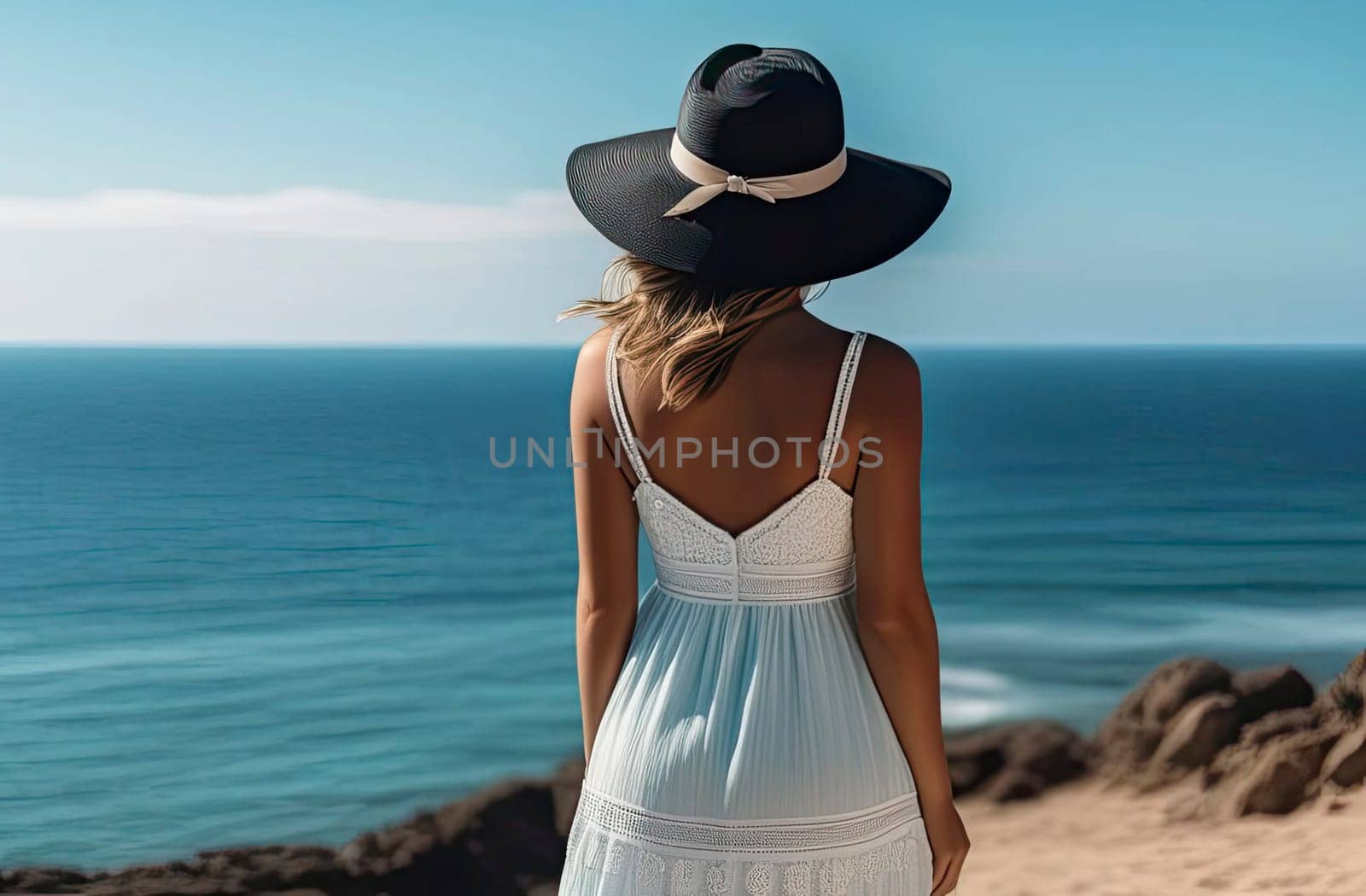 A girl in a sun hat and sundress stands on the shore of the sea or ocean and looks into the distance. View from the back, without a face. Vacation concept.