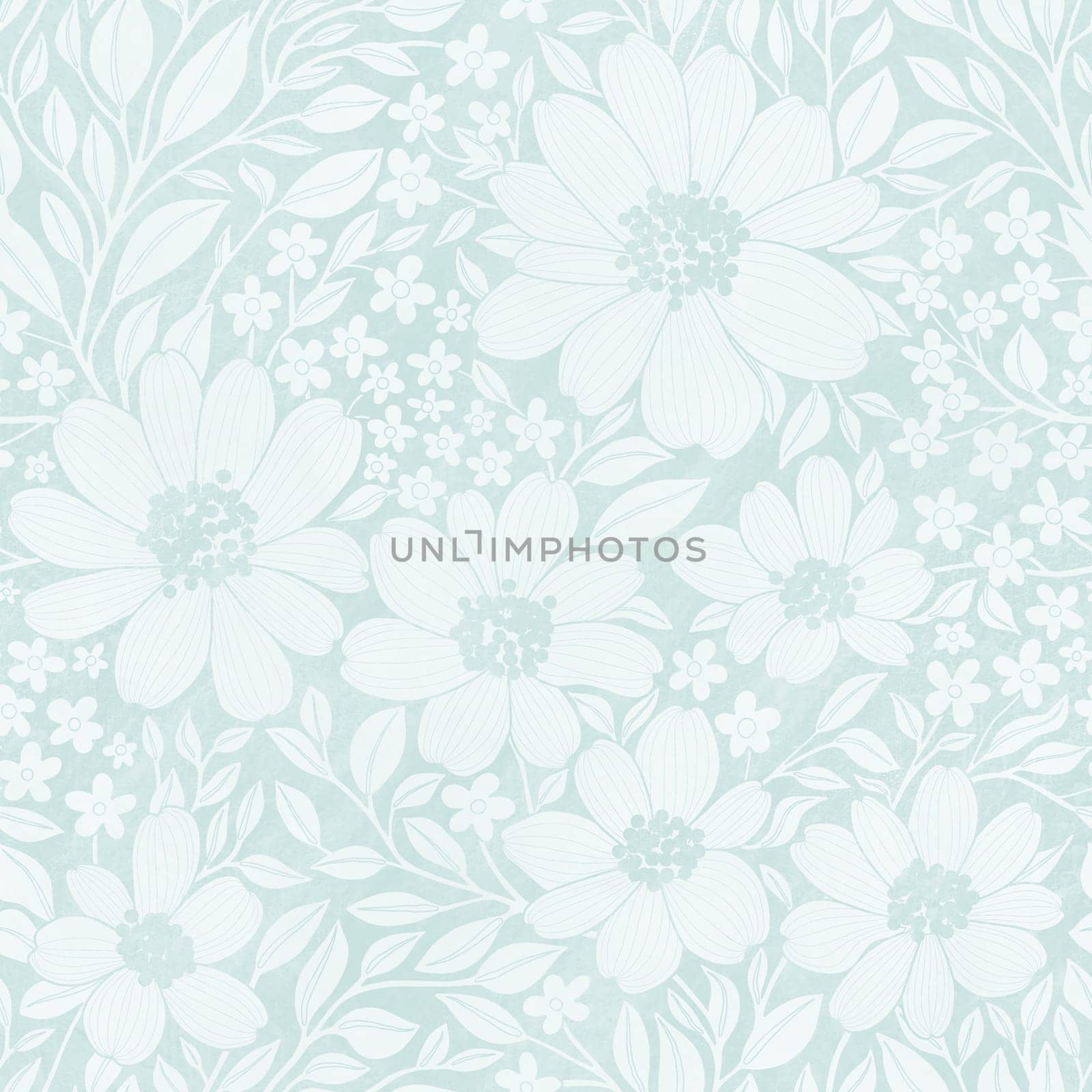 Floral Seamless Pattern of Pastel Blue Flowers and Leaves with Texture, Great for Textiles, Surfaces, Wallpapers, Wrapping Papers, Fabrics, Prints, Package Design, Fashion, Beauty Products