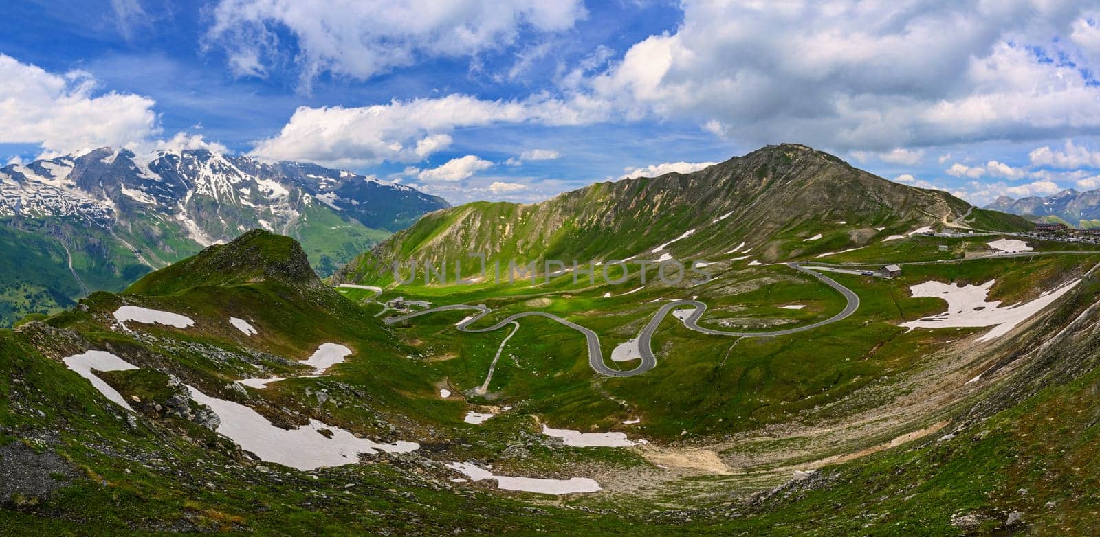 Grossglockner high mountain road in Austria. Surrounded by mountains and green forests. Landscape with nature in the Alps. A great place for sports, recreation and outdoor activity holidays. Großglockner is the highest mountain in Austria at 3798 m above sea level