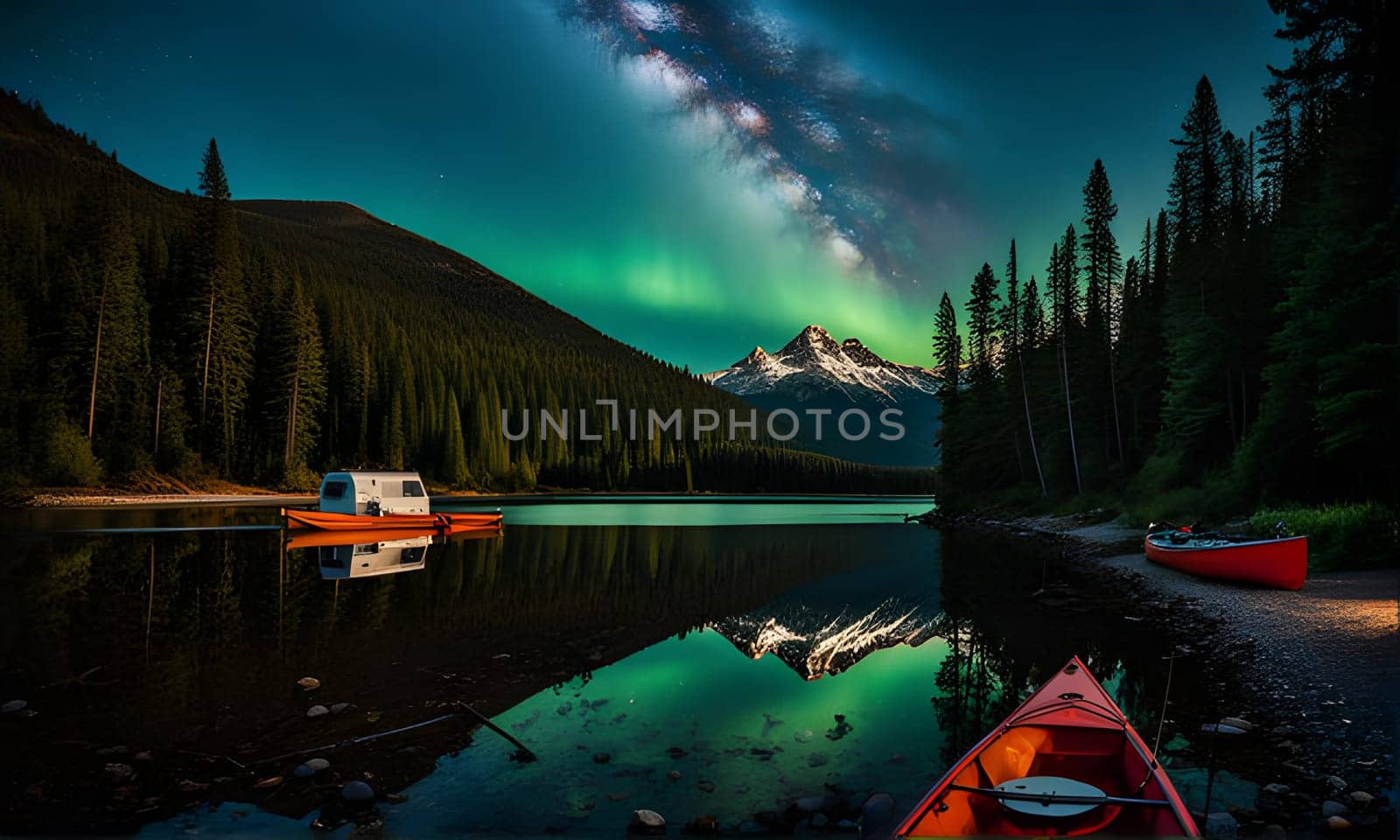 A still lake reflecting the night sky, showcasing the Milky Way and an aurora borealis, with two kayaks and a small boat moored at the water's edge, surrounded by a dark forest and a mountain peak in the distance.