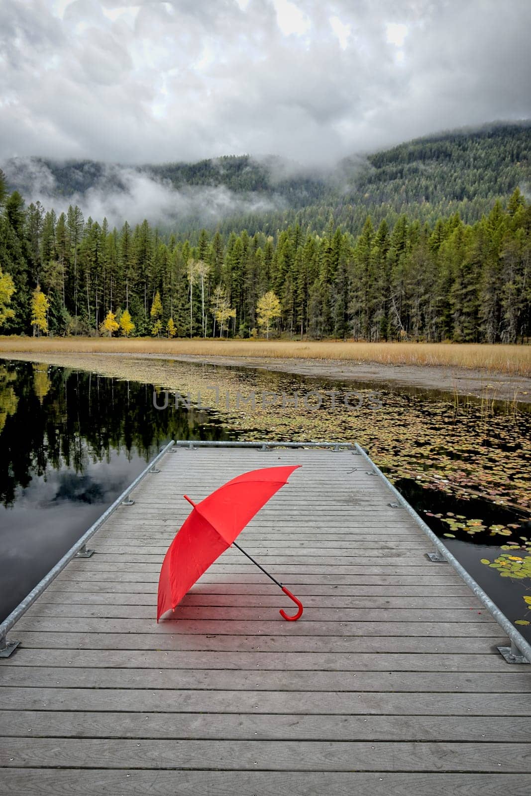 A concept photo of a red umbrella resting on a small dock at Sinclair Lake in the far north part of Idaho during autumn.