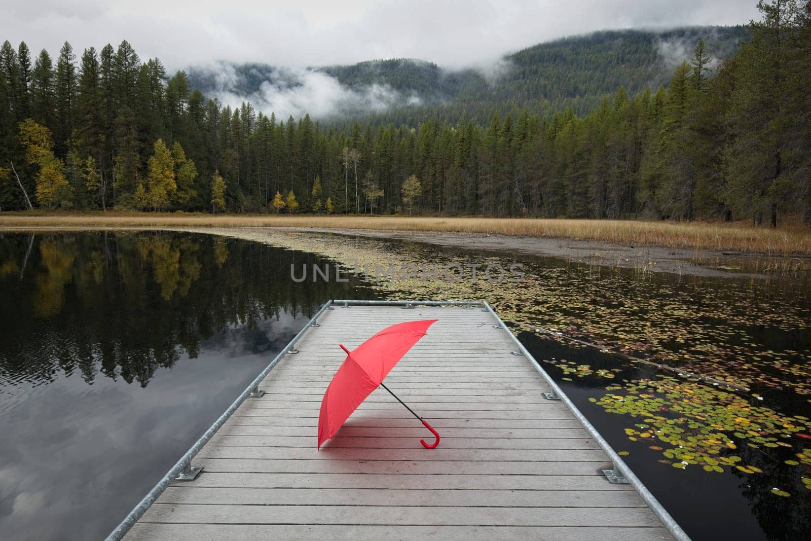 A concept photo of a red umbrella resting on a small dock at Sinclair Lake in the far north part of Idaho during autumn.