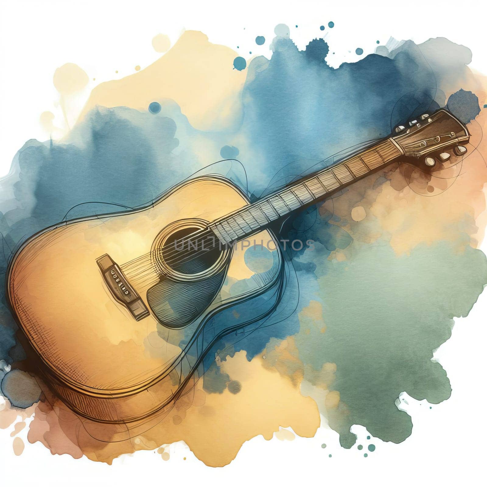 An image of an acoustic guitar in a watercolor style.